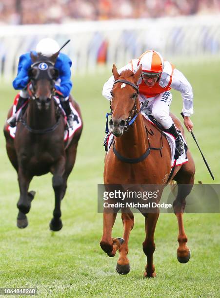 Vow And Declare ridden by Damien Oliver wins race 7 the TCL TV Stakes during Oaks Day at Flemington Racecourse on November 08, 2018 in Melbourne,...