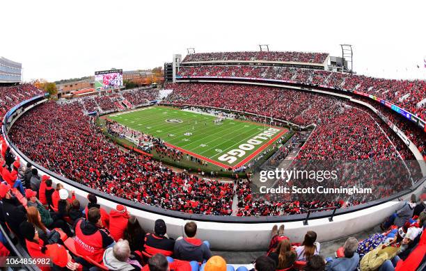 General view of Sanford Stadium during the game between the Georgia Bulldogs and the Georgia Tech Yellow Jackets on November 24, 2018 in Athens,...