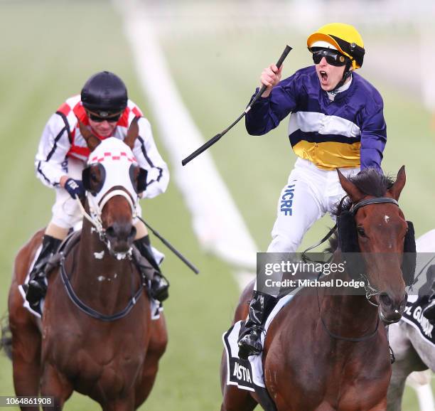 Damien lane riding Aristia wins race 8 The Kennedy Oaks during Oaks Day at Flemington Racecourse on November 08, 2018 in Melbourne, Australia.