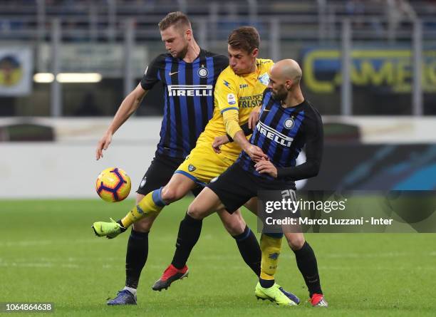 Milan Skriniarand Borja Valeroof FC Internazionale in action during the Serie A match between FC Internazionale and Frosinone Calcio at Stadio...