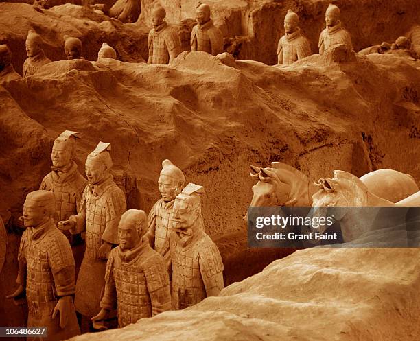 buried clay terra cotta warriors. - terrakotta armee stock-fotos und bilder