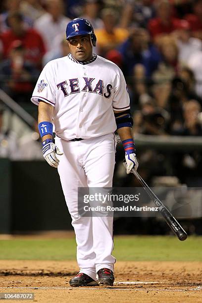 Bengie Molina of the Texas Rangers reacts after he struck out against the San Francisco Giants in Game Five of the 2010 MLB World Series at Rangers...