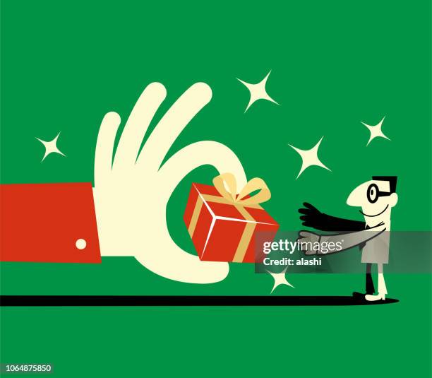 big hand giving a gift box to a businessman (scholar) - gift giving stock illustrations