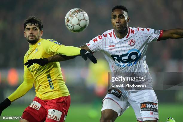 Kanu Rubenilson Dos Santos midfielder of Kortrijk is fighting for the ball with Fernando Matos Canesin midfielder of Oostende during the Jupiler Pro...
