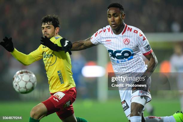 Kanu Rubenilson Dos Santos midfielder of Kortrijk is fighting for the ball with Fernando Matos Canesin midfielder of Oostende during the Jupiler Pro...