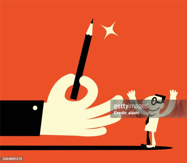 illustrations, cliparts, dessins animés et icônes de grosse main donnant le crayon à l’homme - hand pen