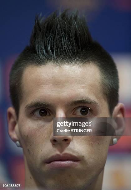 Napoli's Marek Hamsik attends a press conference in Liverpool, north-west England, on November 3, 2010 ahead of their UEFA Europa League football...