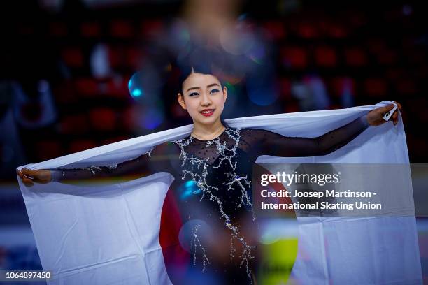 Rika Kihira of Japan poses in the Ladies medal ceremony during day 2 of the ISU Grand Prix of Figure Skating Internationaux de France at Polesud Ice...