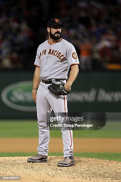 Closing pitcher Brian Wilson of the San Francisco Giants gets set to throw a pitch against the Texas Rangers in Game Five of the 2010 MLB World...