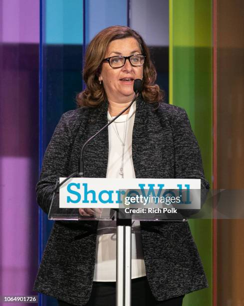 Susanne Daniels speaks on stage at the annual ShareWell/Zimmer Children's Museum Discovery Award Dinner at Skirball Cultural Center on November 07,...