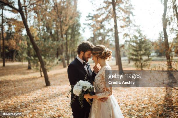 beautiful wedding couple in park. - wedding stock pictures, royalty-free photos & images