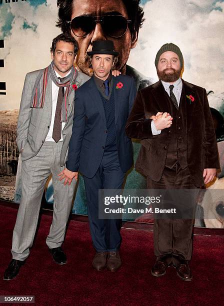 Director Todd Phillips, actor Robert Downey Jr and actor Zach Galifianakis attend the 'Due Date' Premiere at The Empire Cinema, Leicester Square on...