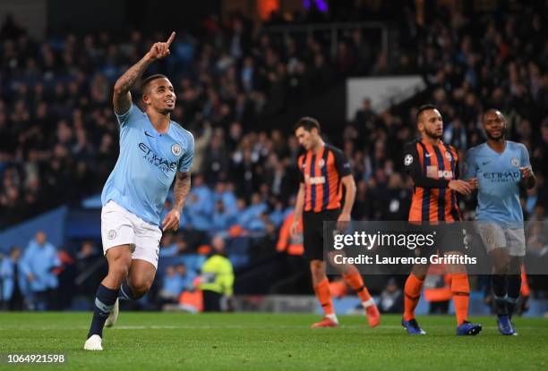 Gabriel Jesus of Manchester City celebrates scoring his second goal from the penalty spot goal during the Group F match of the UEFA Champions League...