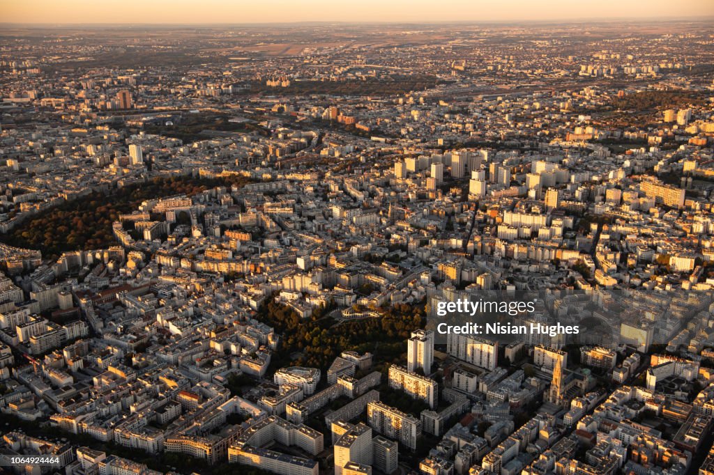 Aerial flying over Paris France, sunset