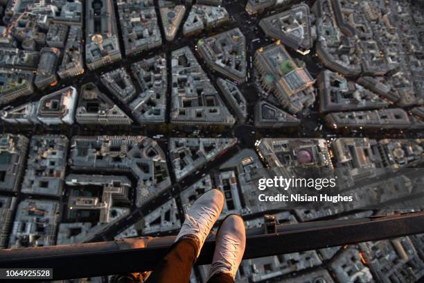 aerial view looking down at feet flying over paris france - grand opera house stock pictures, royalty-free photos & images