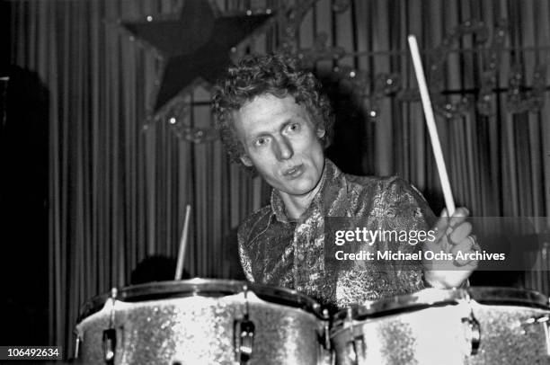 Drummer Ginger Baker of the rock band Cream performs onstage at the Star Club on February 26, 1967 in Kiel, Germany.