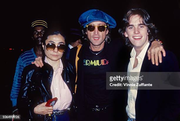 Former Beatle John Lennon and his wife Yoko Ono pose for a photo with actor Matt Dillon in 1980 in New York City, New York.