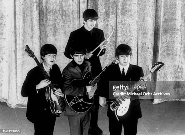 Elevated view of the members of British rock group the Beatles, on the set of the television variety series, 'The Ed Sullivan Show' at CBS's Studio...