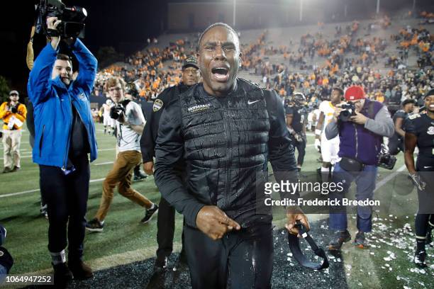 Head coach Derek Mason of the Vanderbilt Commodores yells after being doused in Gatorade after a 38-13 Vanderbilt victory over the Tennessee...
