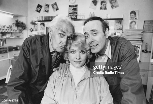 Portrait of actors John Laurie, Deborah Watling and Victor Spinetti, photographed for Radio Times in connection with the BBC Radio 2 comedy series...