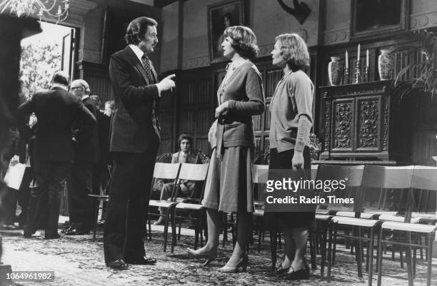 Actors Peter Bowles, Penelope Keith and Angela Thorne in a scene from episode 'Grantleigh' of the television sitcom 'To the Manor Born', April 8th...