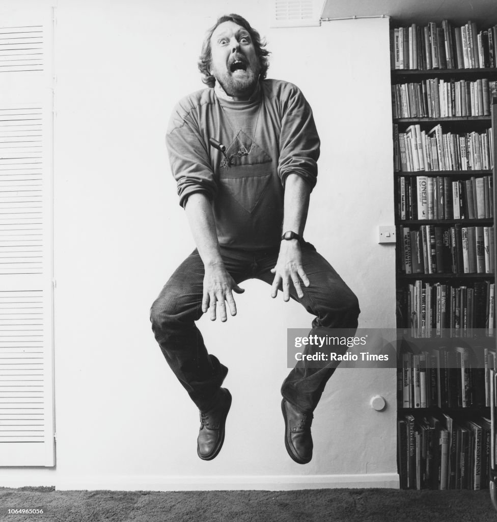 Willie Raston Portrait of actor and comedian Willie Rushton jumping in the air and ...