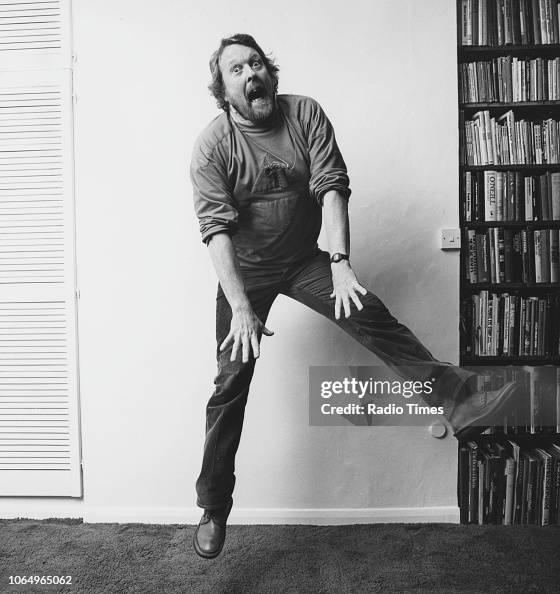 Willie Raston Portrait of actor and comedian Willie Rushton jumping in the air and ...