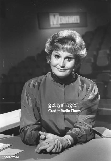 Portrait of television presenter Angela Rippon on the set of the television quiz show 'Masterteam', August 31st 1985. First printed in Radio Times...