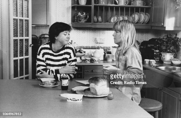 Actresses Pauline Quirke and Linda Robson in a scene from episode 'Just Visiting' of the television sitcom 'Birds of a Feather', September 30th 1989.