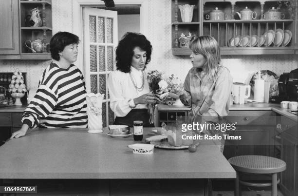 Actors Pauline Quirke, Leslie Joseph and Linda Robson in a scene from episode 'Just Visiting' of the television sitcom 'Birds of a Feather',...