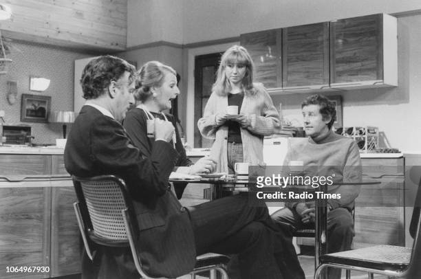 Actors Paul Eddington, Penelope Keith, Felicity Kendal and Richard Briers in a scene from the television sitcom 'The Good Life', circa 1976.
