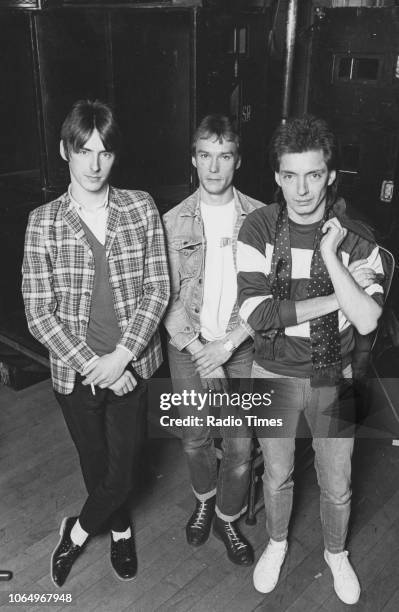 Portrait of the band 'The Jam'; Paul Weller, Rick Buckler and Bruce Foxton, circa 1983.