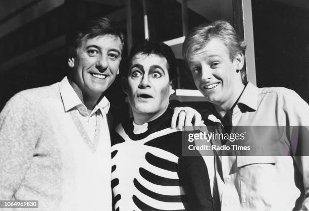 Comic actors Dustin Gee, Roy Jay and Les Dennis in a scene from the comedy sketch series 'The Laughter Show', February 19th 1984.