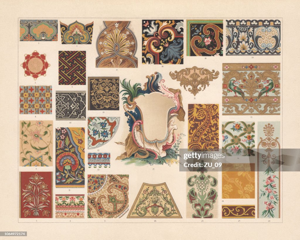 Verschillende patronen in de barok en Azië, chromolithograph, 1897 gepubliceerd