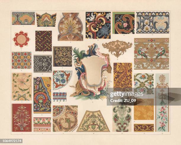 stockillustraties, clipart, cartoons en iconen met verschillende patronen in de barok en azië, chromolithograph, 1897 gepubliceerd - europe asian culture