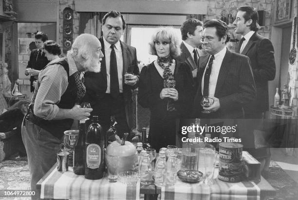 Actors Buster Merryfield, Mike Kemp, Maureen Sweeney, David Jason, with Kenneth MacDonald and John Challis behind , in a scene from episode 'Strained...