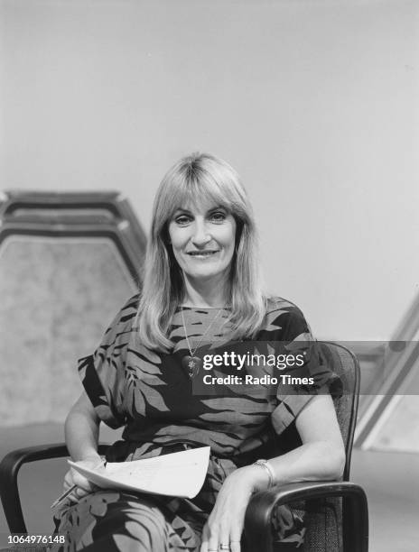 Television presenter Lynn Faulds Wood pictured on the set of the show 'Watchdog', July 1985.