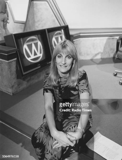Television presenter Lynn Faulds Wood pictured on the set of the show 'Watchdog', July 1985.