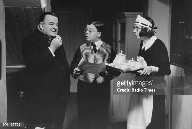 Actors Paul Shane, Perry Benson and Su Pollard in a scene from episode 'Beg, Borrow or Steal' of the television sitcom 'You Rang, M'Lord?', November...