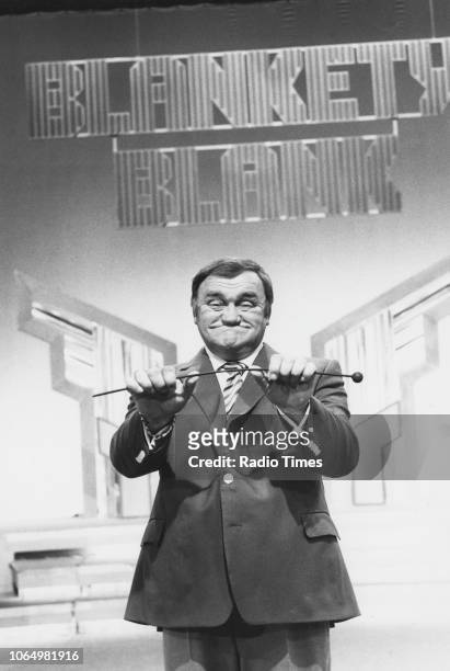 Comedian Les Dawson pictured on the set of the television quiz show 'Blankety Blank', June 5th 1984.