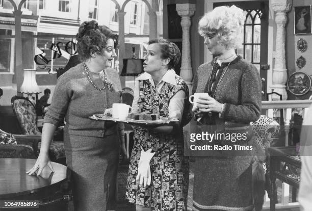 Comic actresses Victoria Wood, Julie Walters and Celia Imrie in a scene from the 'Acorn Antiques' sketch from the television show 'Victoria Wood As...