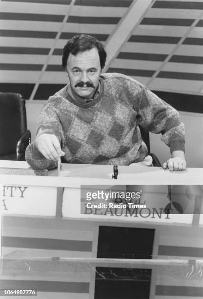 Impressionist Rory Bremner in costume as rugby player Bill Beaumont on the panel show 'A Question of Sport', March 15th 1989.
