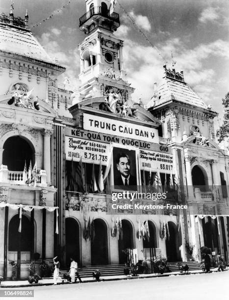 Portrait Of The New Head Of The South Vietnamese State, Ngo Dinh Diem, Was Displayed On The Facade Of Saigon'S Town Hall On November 2 The Day After...