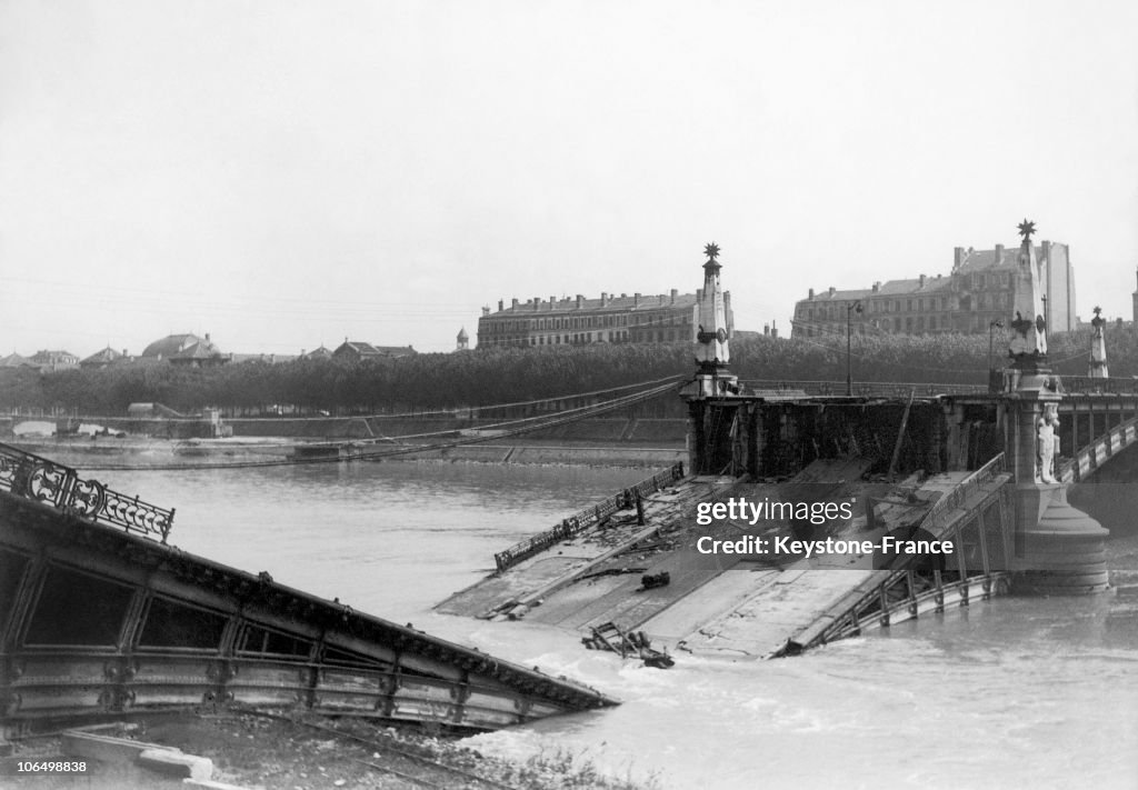 A Bridge In Lyon Destroyed By The Germans In 1944