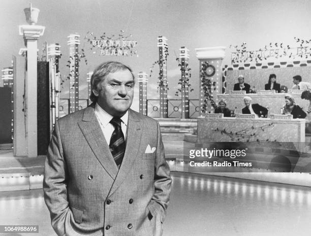 Comedian Les Dawson on the set of the television quiz show 'Blankety Blank', February 21st 1989.