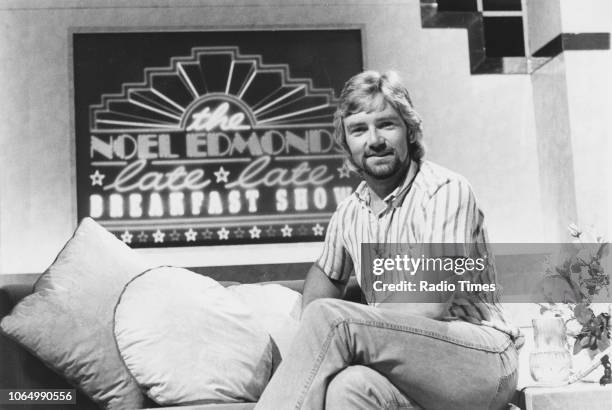Television presenter Noel Edmonds on the set of 'The Late, Late Breakfast Show', September 1st 1984.