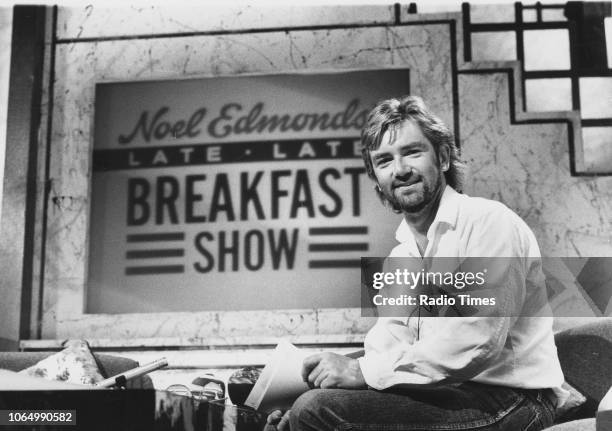 Television presenter Noel Edmonds on the set of 'The Late, Late Breakfast Show', September 7th 1985.