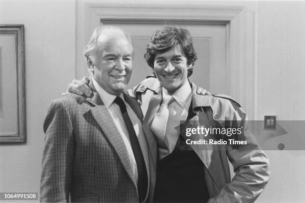 Actors Tony Britton and Nigel Havers on the set of the television sitcom 'Don't Wait Up', March 1988. First printed in Radio Times issue 3366, page...