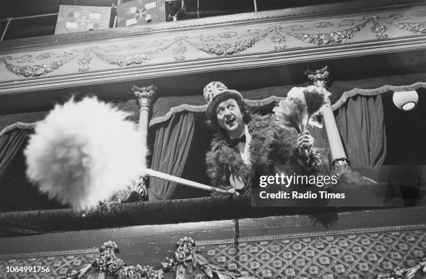 Comedian Ken Dodd performing on stage for the television variety show 'The Good Old Days', February 18th 1979.