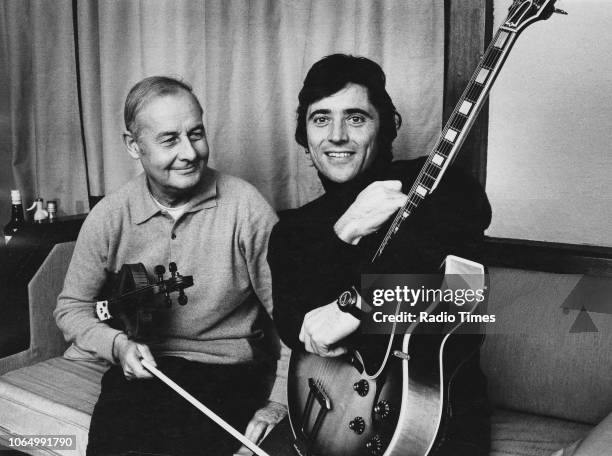 Portrait of jazz violinist Stephane Grappelli and singer Sacha Distel, October 23rd 1970.